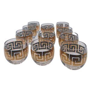 Set of 11 Culver Greek Key Roly Poly Low Ball Glasses 22 K Gold, MCM Rare